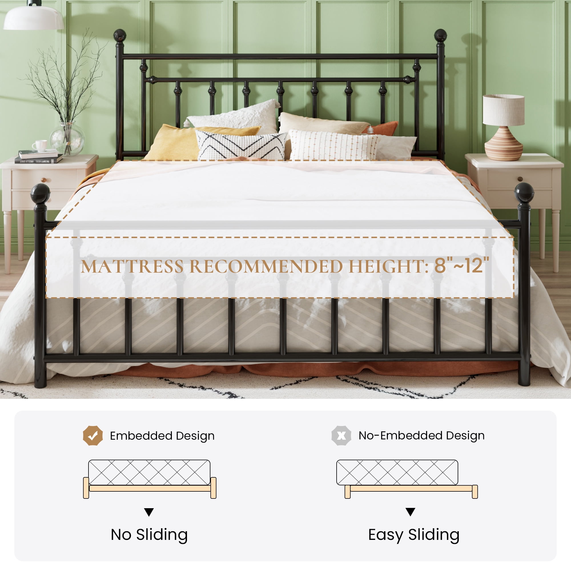 Sha Cerlin Black King Size Metal Platform Bed Frame with Victorian Vintage Headboard & Footboard