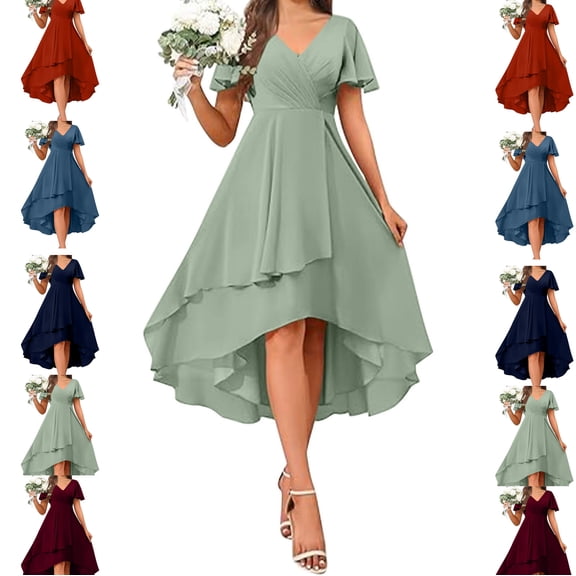 LEKWK Formal Dresses for Women Short Flutter Sleeve Wedding Guest Dress V Neck High Low Hem Chiffon Dresses Elegant Cocktail Evening Party outfits