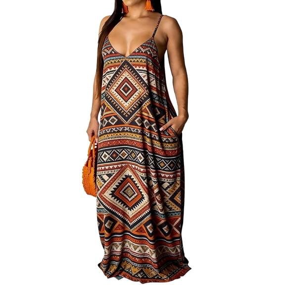 Lovzfmll Women's Sundress, V-Neck Sleeveless with Spaghetti Straps & Print & Low Back, Bohemian Maxi Dress Brown, S