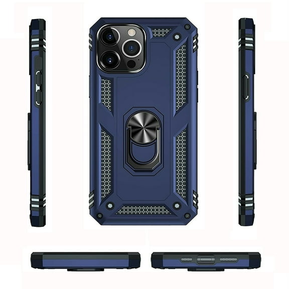 Protective Shockproof Phone Case For iPhone 15 Pro Max with Built-in 360° Rotate Ring Kickstand and Tempered Glass Screen, Blue, 6.1" Screen