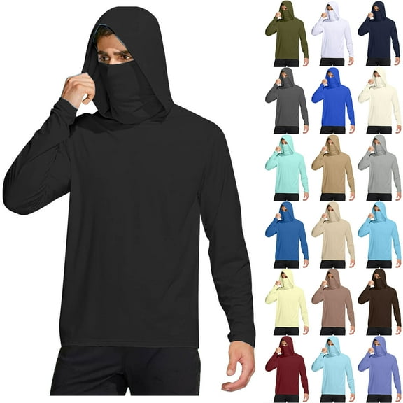 Wrtxtat Men's Lightweight Thin Hooded Sun Shirts with Mask Plus Size Fishing Shirts for Men Long Sleeve UPF 50 Rash Guards Cooling Hoodies Hiking Shirts Black XL