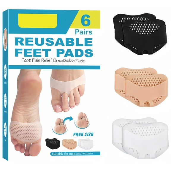 Meottam Metatarsal Foot Pads for Pain Relief - 6 Pairs Soft Gel Reusable Breathable Sleeve Pads, Foot Cushions, Forefoot Cushioning Shoe Supports for Women and Men Universal size