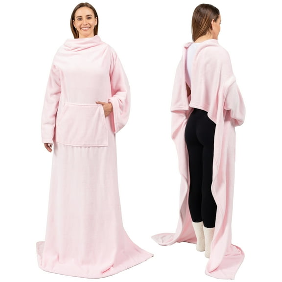 PAVILIA Pink Fleece Wearable Blanket with Sleeves for Adults Women Men, Soft Warm Full Body Wrap Throw, Sweatshirt Pocket, Cozy Pullover Robe Blanket with Arm, Gifts for Christmas Mom Wife