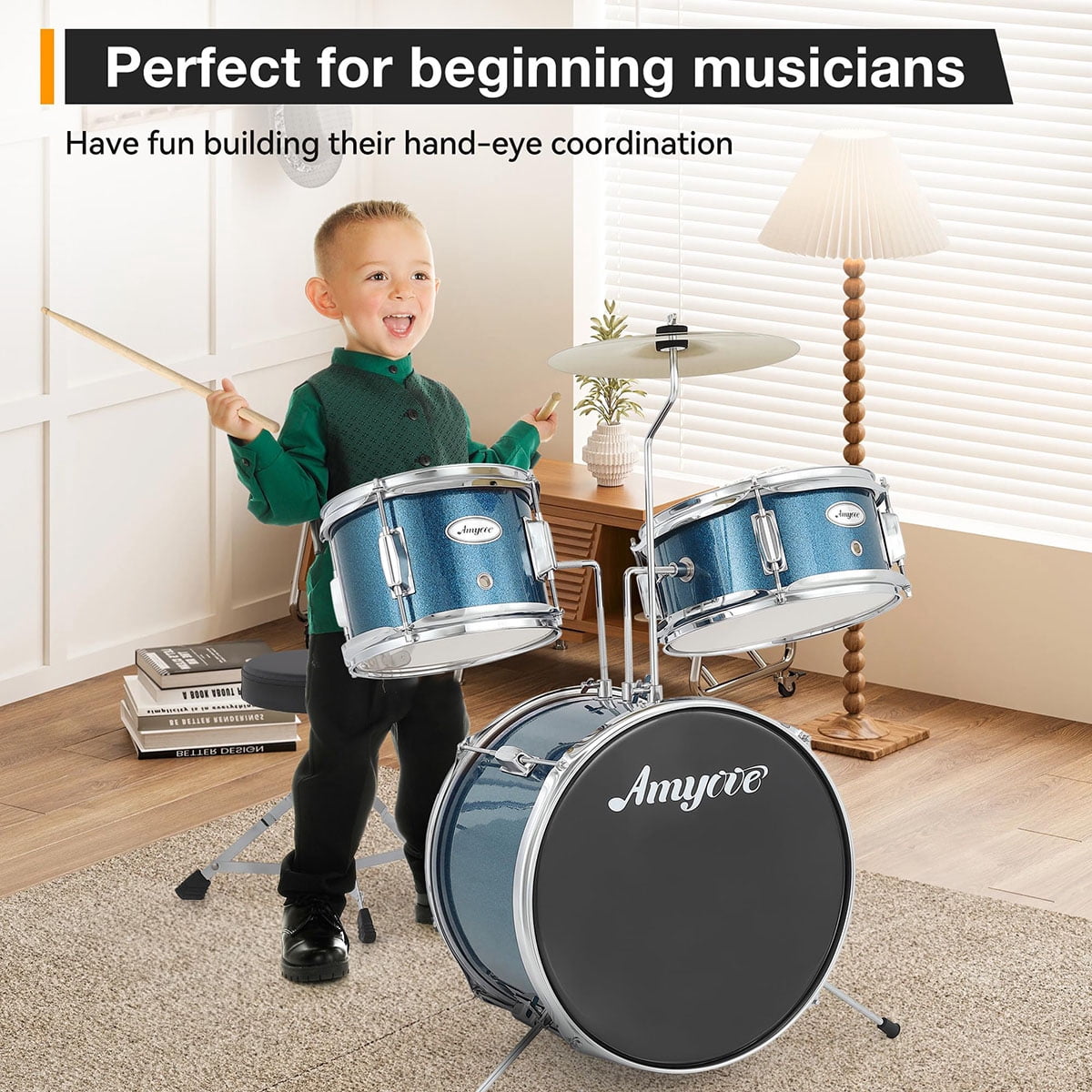 Danolapsi 3 Piece Kids Drum Set with Cymbal, 2 Drumsticks, Pedal, 2 Tom,Beginner Junior Drum Kit with Throne Stool, Musical Instruments for Boys and Girls