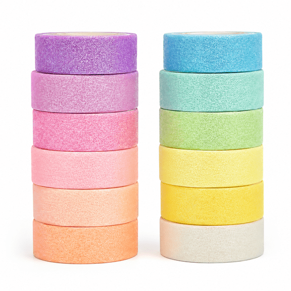 Mioerouu 12 Rolls Glitter Washi Tape Set, 0.6" x 59" Pastel Rainbow Decorative Masking Tape, Sparkly Colored Washi Paper Tape for Journaling Scrapbooking Gift Wrapping DIY Crafts Party Decor