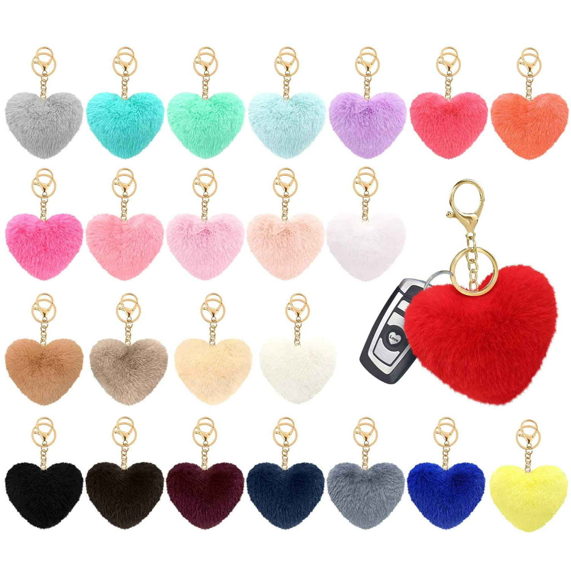 24 pcs Faux Fox Fur Pom Poms Keychain Heart shape Fluffy Puff Ball Key  Rings Bulk Diy for Girls Women for Valentine Day Gift (24pcs) 