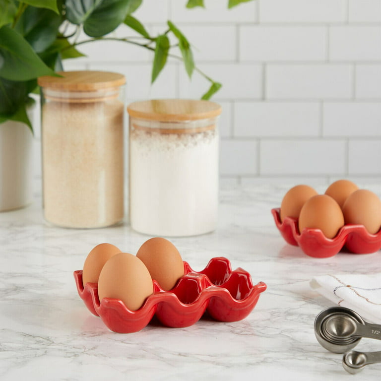 2 Pack Red Ceramic Half Dozen 6 Egg Tray Holder for Countertop, Refrigerator