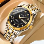 Mens watch, business high-end waterproof dual calendar luminous steel band quartz watch, mens wristwatch, fashionable trendy watch