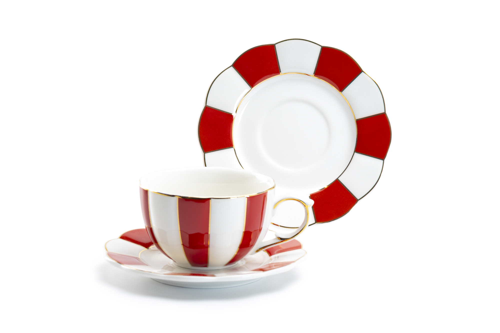 Grace Teaware Red and White Scallop Fine Porcelain 7oz Tea Cup and Saucer