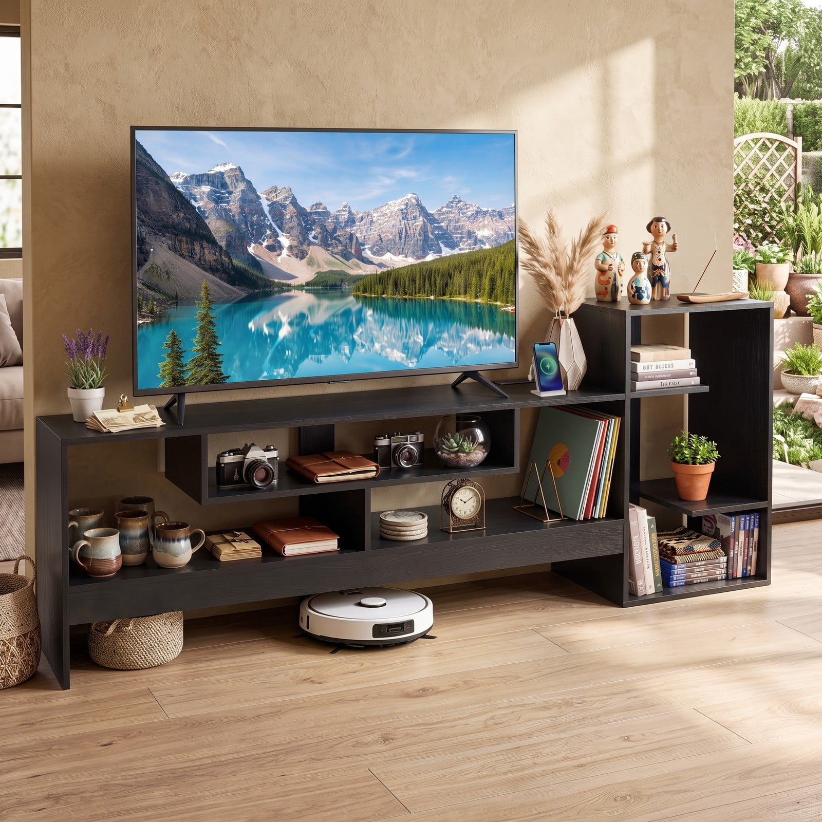 Furnibear Cube TV Stand for 55 Inch TV with Power Outlets, USB and Type-C Ports, Open Cube Storage Shelves, Entertainment Center Media Console for Living Room, Black