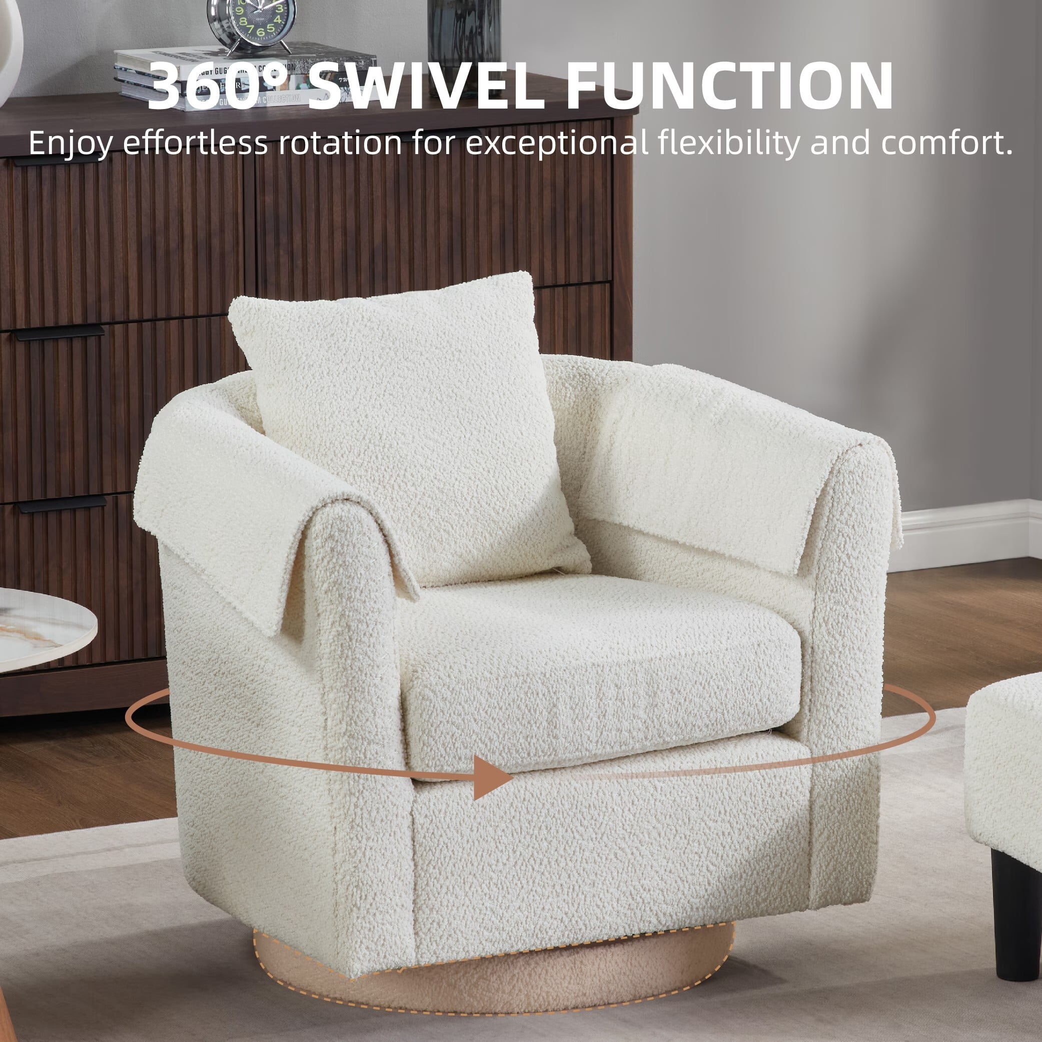 Avobird Living Room Chair With Ottoman Set, Chenille Barrel Armchair with Removable Back Pillow & 2 Armrest Covers, Beige