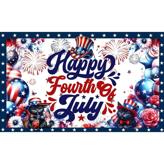 Happy Fourth of July Card – Festive Patriotic Design with Fireworks, Balloons, and Cute Black Cat – Perfect for Independence Day Celebrations and Greetings