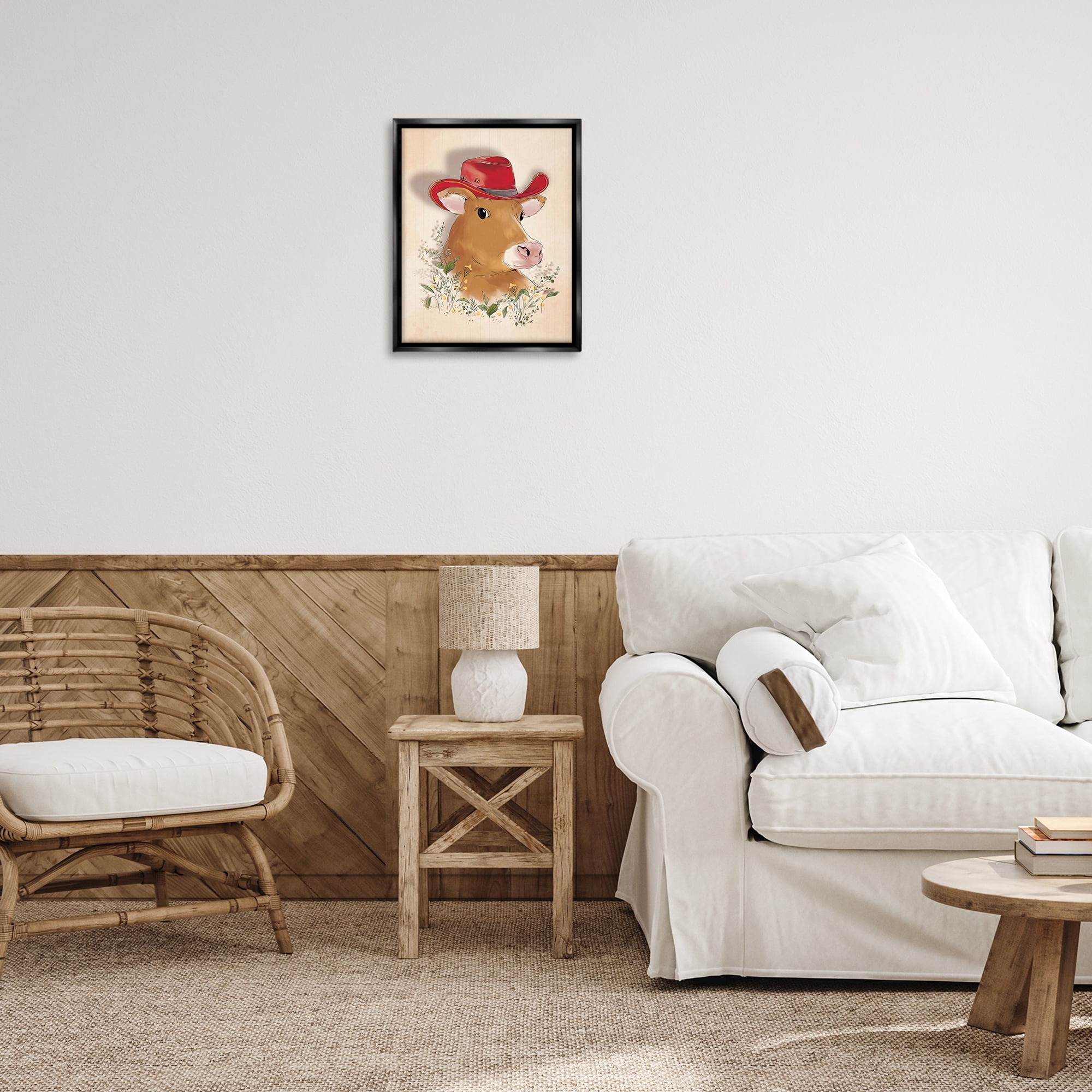 Stupell Industries Cow with Red Cowboy Hat Animals Painting Black Floater Framed Canvas Art Print Wall Art, 17 x 21