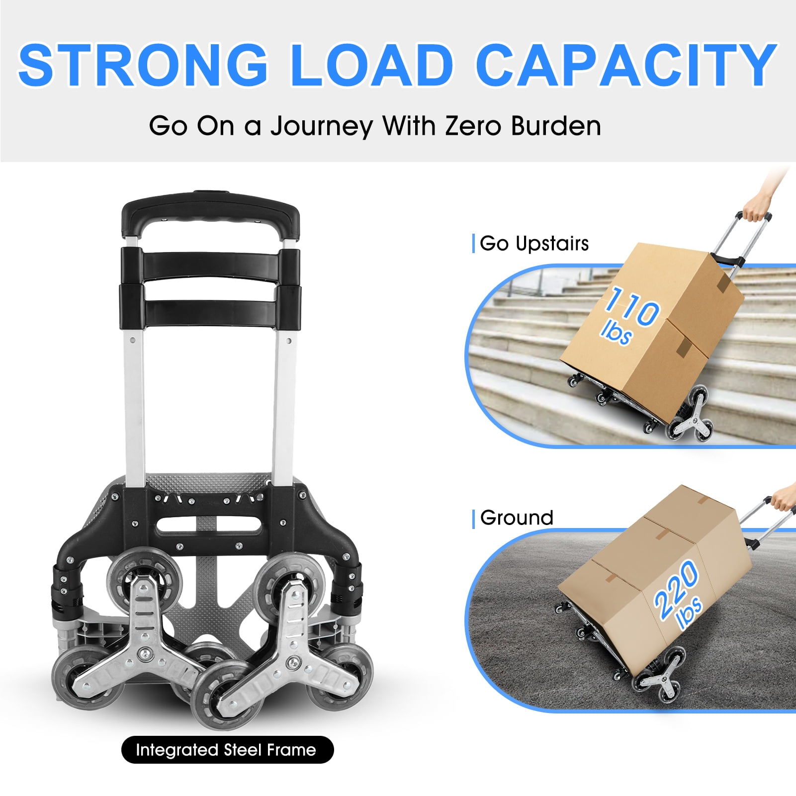 Stair Climbing Cart, 220 lbs Capacity, Foldable Heavy-Duty Hand Truck with 33.8-41.7 inch Adjustable Handle Height, 4 Universal Wheels & Elastic Ropes, Multipurpose Dolly for Warehouse Shopping