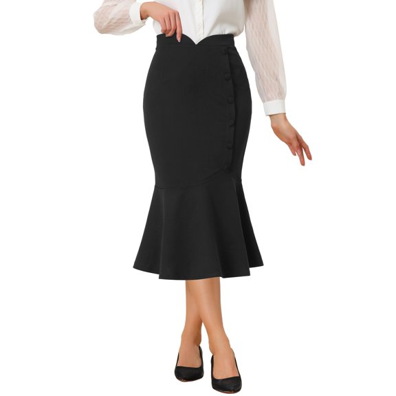 Allegra K Midi Skirt for Women's High Waist Elegant Button Decor Stretchy Mermaid Skirts