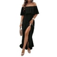 thumbnail image 2 of Women'S Off Shoulder Dot Maxi Dress Ruffle Corset Tassel High Waist Sundress Split Solid Casual Long Dress Black L, 2 of 8