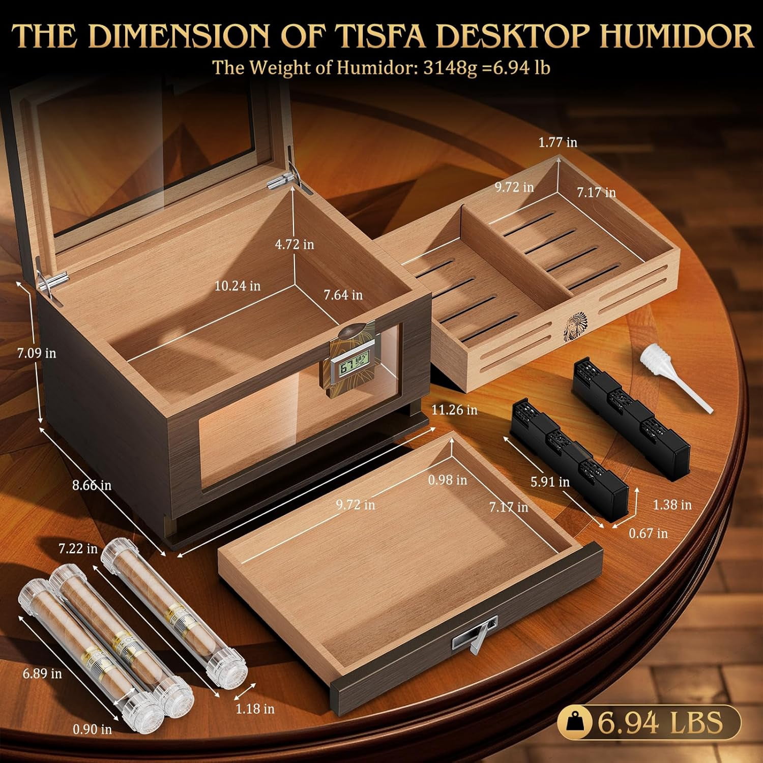 Large Cedar Wood Cigar Humidor Box with Digital Hygrometers and Travel Tubes