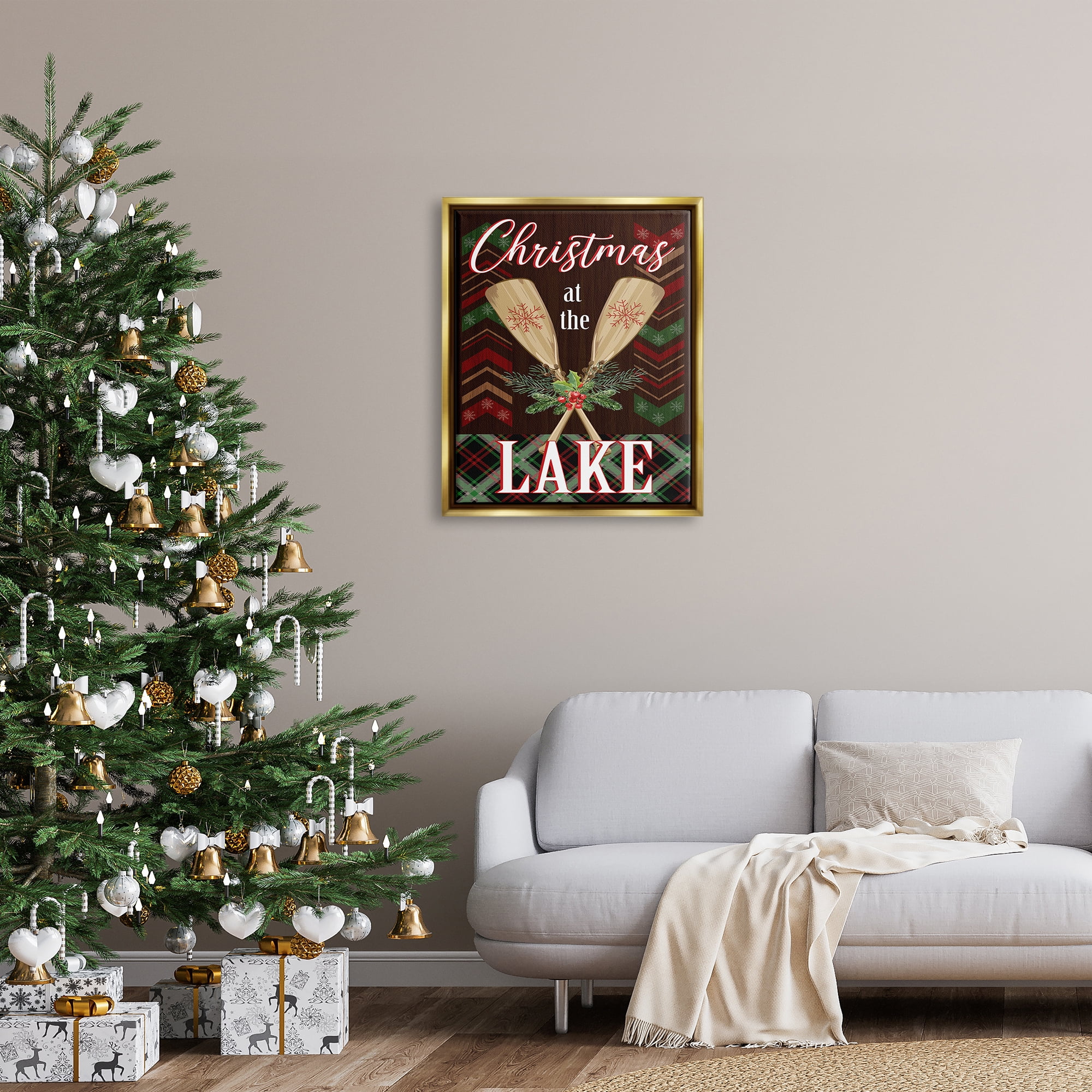 Stupell Industries Christmas At Lake Seasonal Oars Holiday Painting Gold Floater Framed Art Print Wall Art