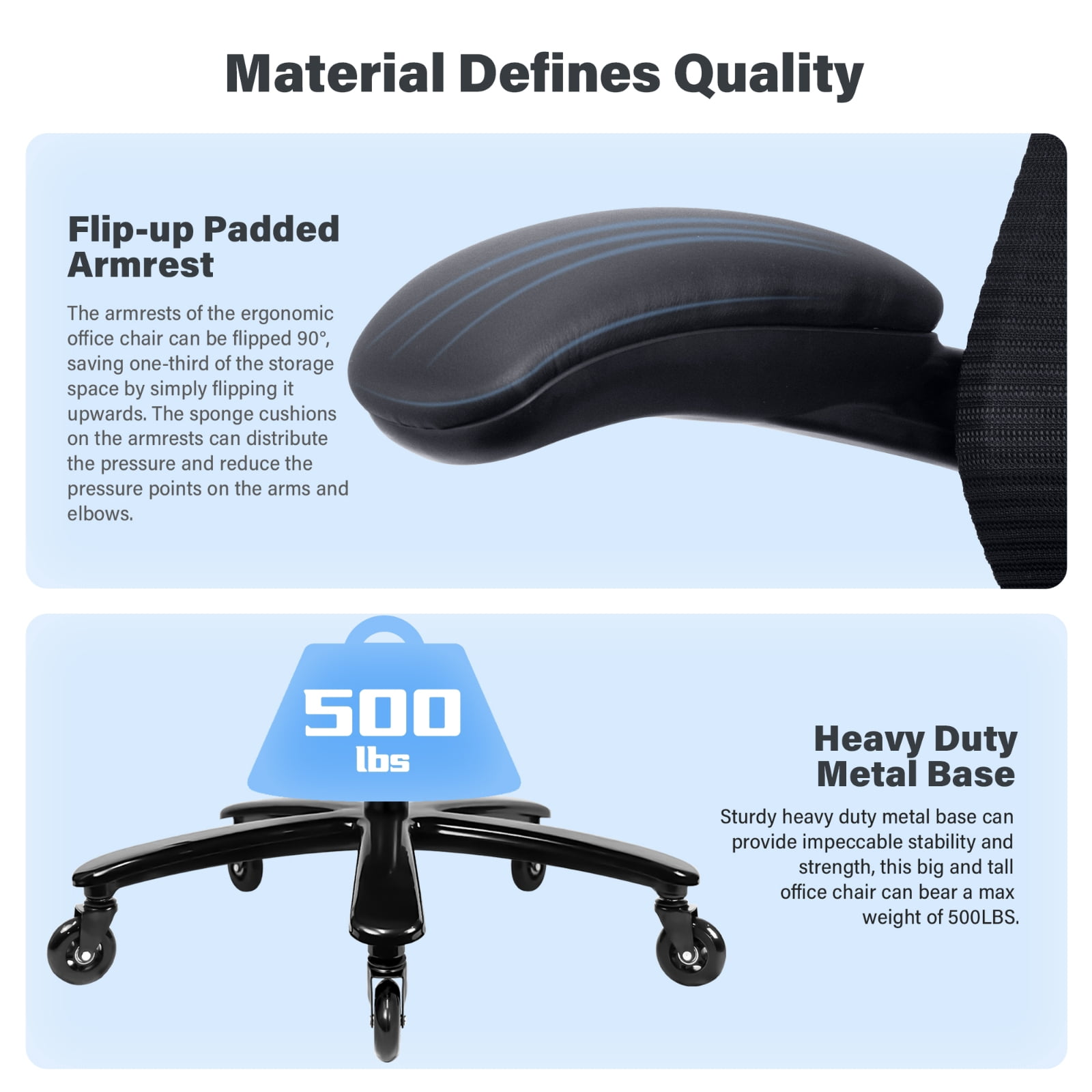 Big and Tall Office Chair 500 lbs, Heavy Duty Ergonomic Mesh Computer Chair with Wide Seat, Flip-up Armrests, Metal Base and Blade Wheels, Black