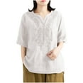 thumbnail image 2 of Njoeus Women's Comfy Cotton Embroidered Shirts Causal V-Neck Summer Tunic Tops Lightweight Blouses M-3XL, 2 of 5