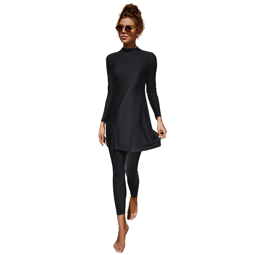 IBTOM CASTLE Women Muslim Swimsuits Modest Burkini Swimwear Islamic Long Sleeve Full Cover Swim Top Leggings Pants ​Bathing Suits S Black & Split