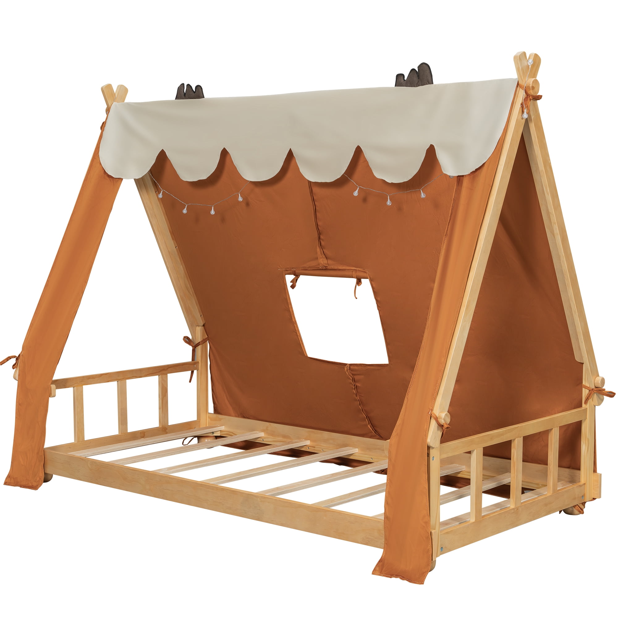 Mintazer Twin Teepee Tent Bed with LED Lights, Kids House Bed with Removable Canopy, Brown