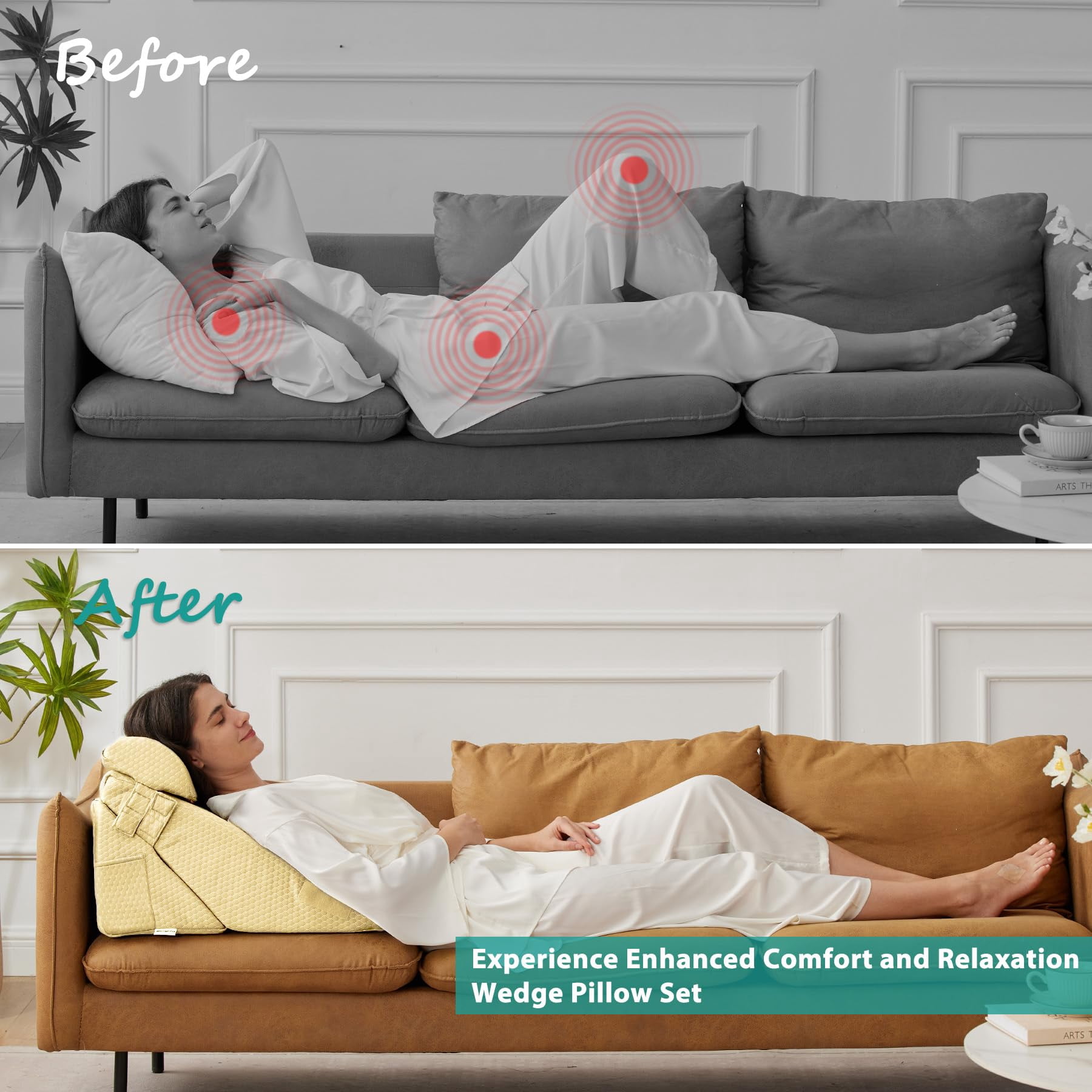 Adjustable 3pcs Bed Wedge Pillow Set  Memory Foam Pillows For Neck Leg Sleeping Sitting Up In Acid Reflux And Beige Yellow