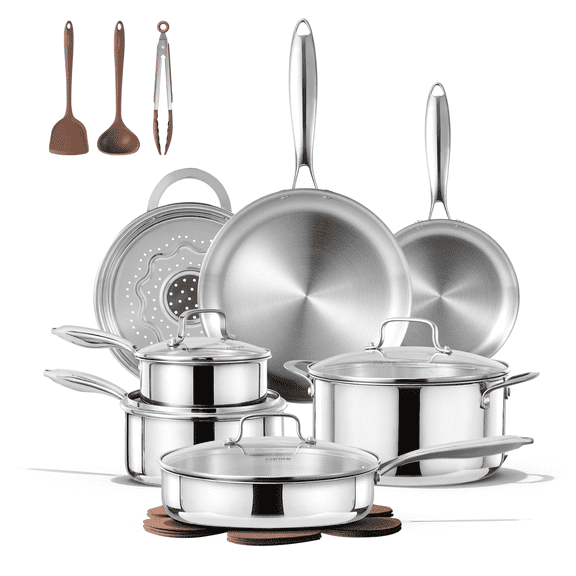 Carote 19-Piece Tri-Ply Stainless Steel Cookware Set, Induction Compatible and Oven Safe, Silver Handle