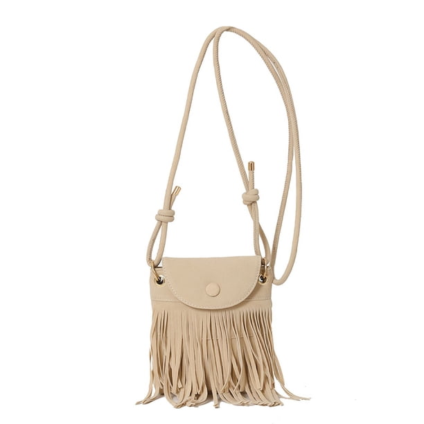 Bolso bandolera con diseño de flecos y borlas, color sólido, versátil (blanco)