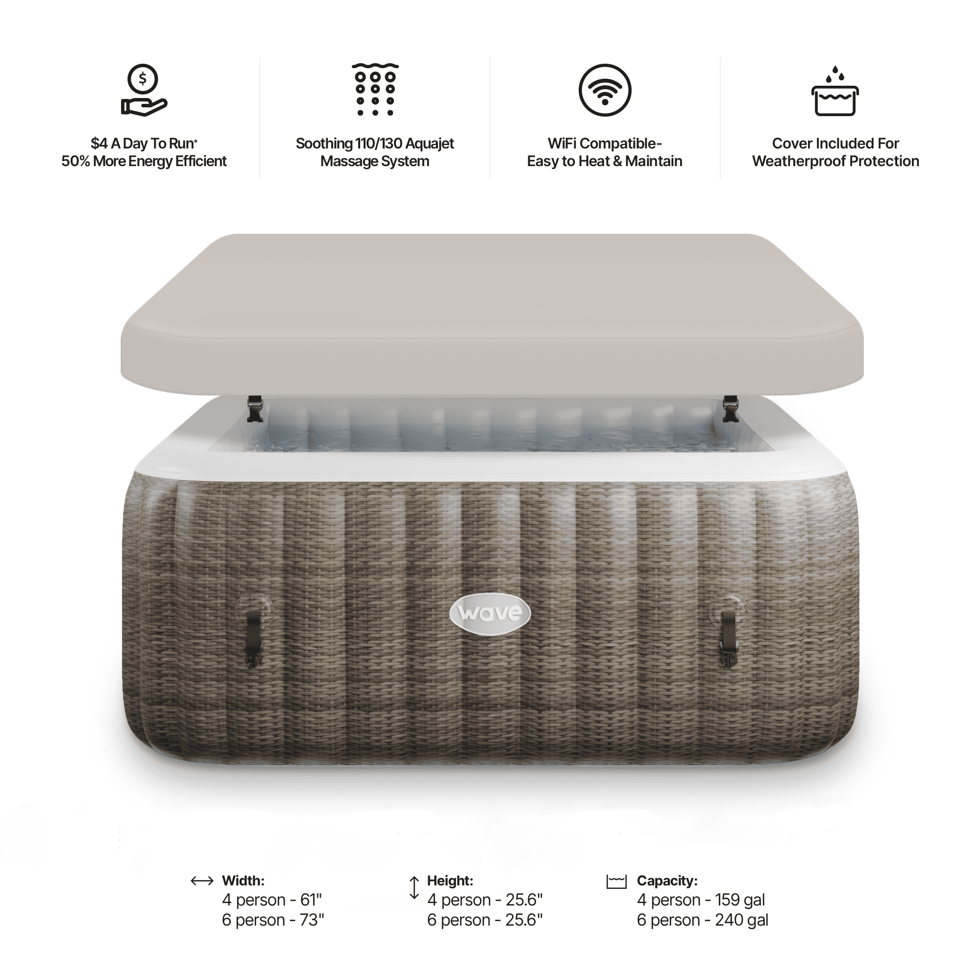 Wave Pacific 6-Person Inflatable Hot Tub, EnergySave Bundle | 130-Jet | Brown Rattan