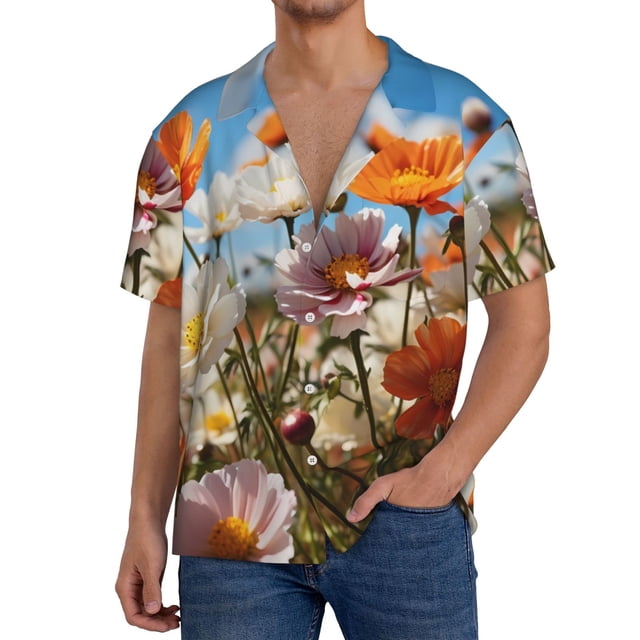 Balery Vibrant Field Of Blossoms Camisa Casual de Manga Corta con Botones para Hombre, Texturizada, Estilo Cubano, para Playa, Verano-Medium