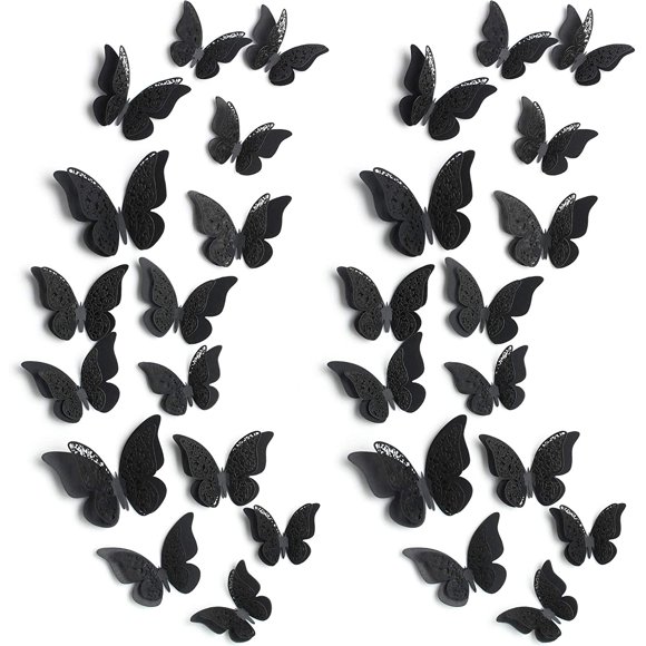 Outus 120 Pieces Black 3D Layered Butterfly Wall Decor Removable Butterfly Stickers Hollow Mural Decals for Birthday Cake Decorations Crafts Bouquet Flower Arrangements