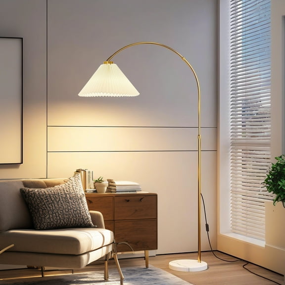 Arc Floor Lamp, 69" Height Standing Lamp, Metal Tall Lamp with Weighted Base Adjustable Hanging Shade for Living Room, Bedroom, Reading, Office - Gold