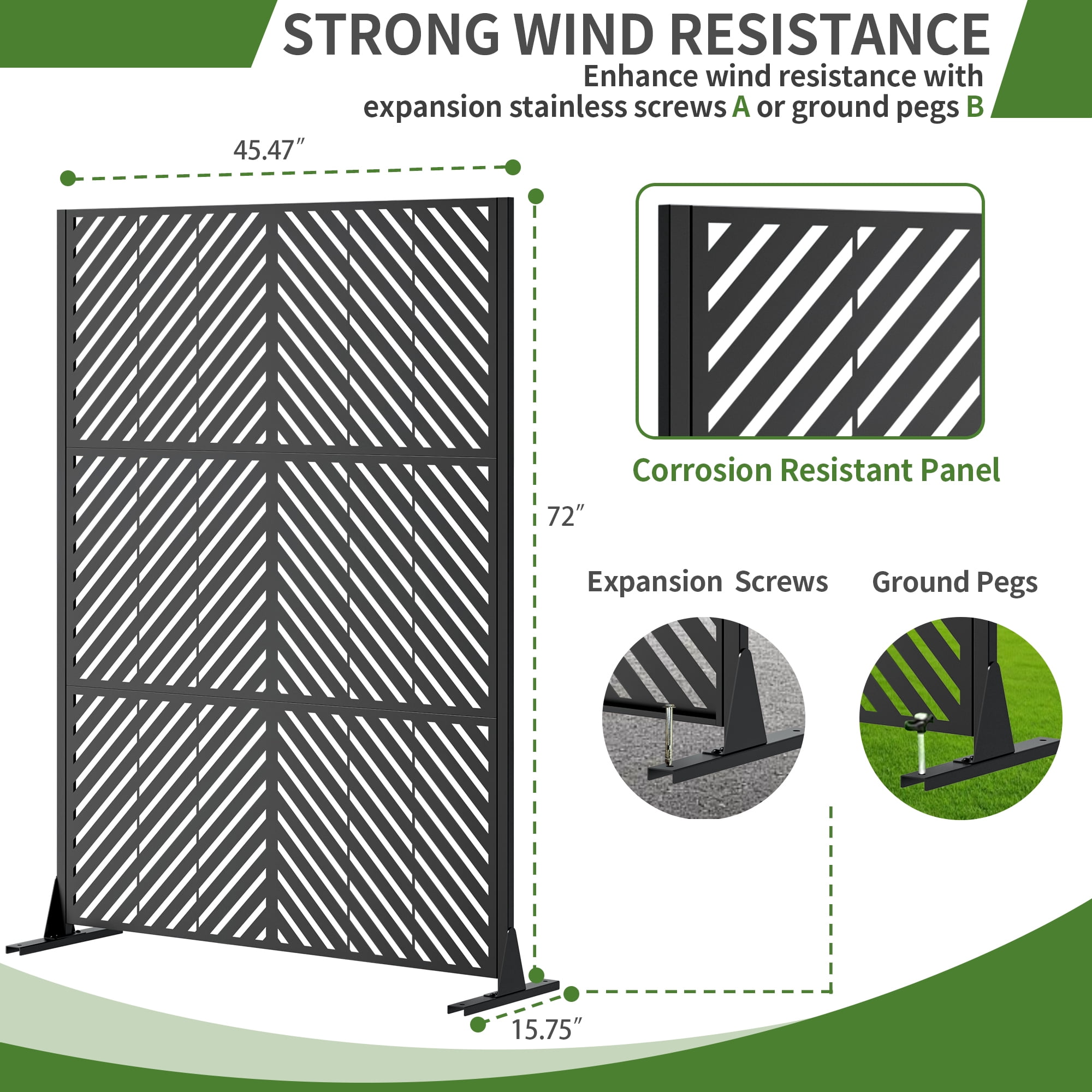 Outdoor Privacy Screen, 72x46 Inch Freestanding Metal Fence for Garden Backyard Patio Decor, Black