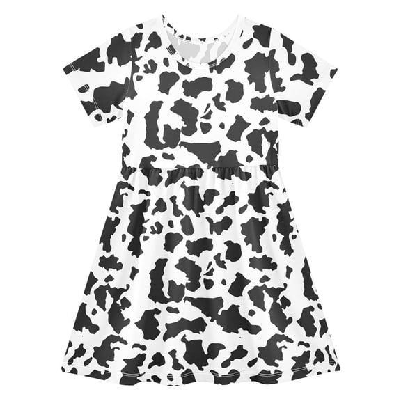 Lullu Toddler Girls Cow Print A Line Dress Casual Short Sleeve Midi Play Dress for Kids