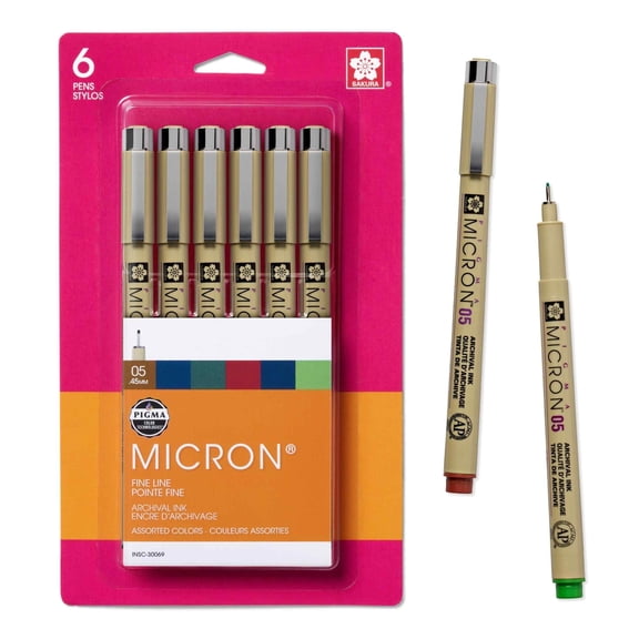 Sakura Pigma Micron Fineliner Pens - Archival Black and Colored Ink Pens - For Writing, Drawing, or Journaling - Black and Assorted Colored Ink - 05 Point Size - 6 Pack