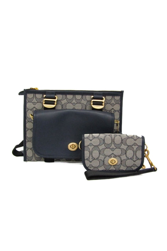 Pre-Owned Coach Signature C2613 Men,Women Canvas,Leather Shoulder Bag Gray,Navy (Good)