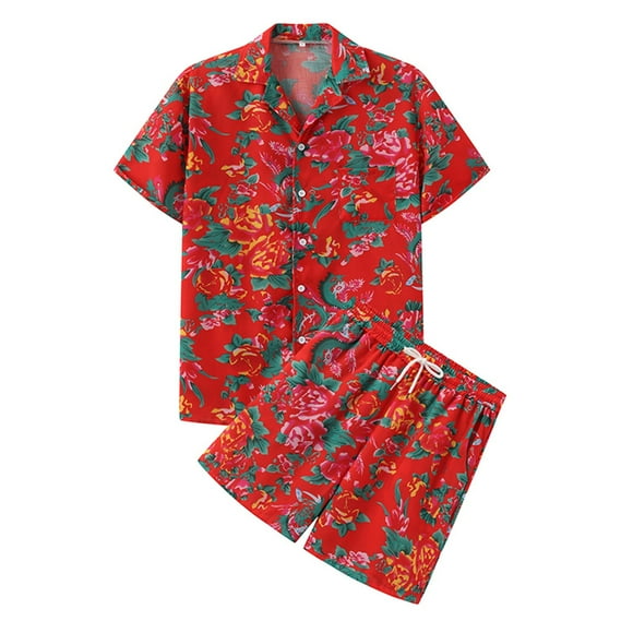 Wyzesi Casual Pantsuit with Phone Pocket Plus Size Trend Summer New Two Piece Set Of Casual Northeast Big Flower Men's Lapel Short Sleeved Shirt Sleep Pantsuit Men Soft Cool