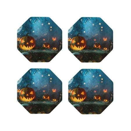 

Junzan Spooky Halloween Print Coasters for Drinks - Leather Coasters Set of 4 for Coffee Table for Housewarming/Kitchen/Bar/Decor-Octagon