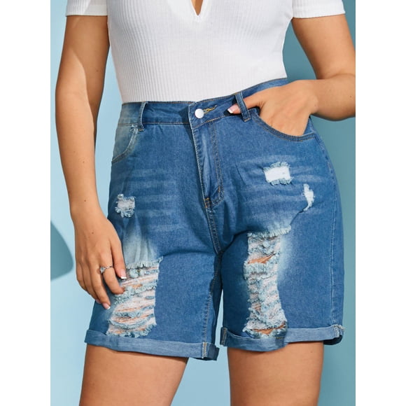 Pantalones cortos de mezclilla de dobladillo de dobladillo más doblado Rosegal Pantalones cortos de talla grande