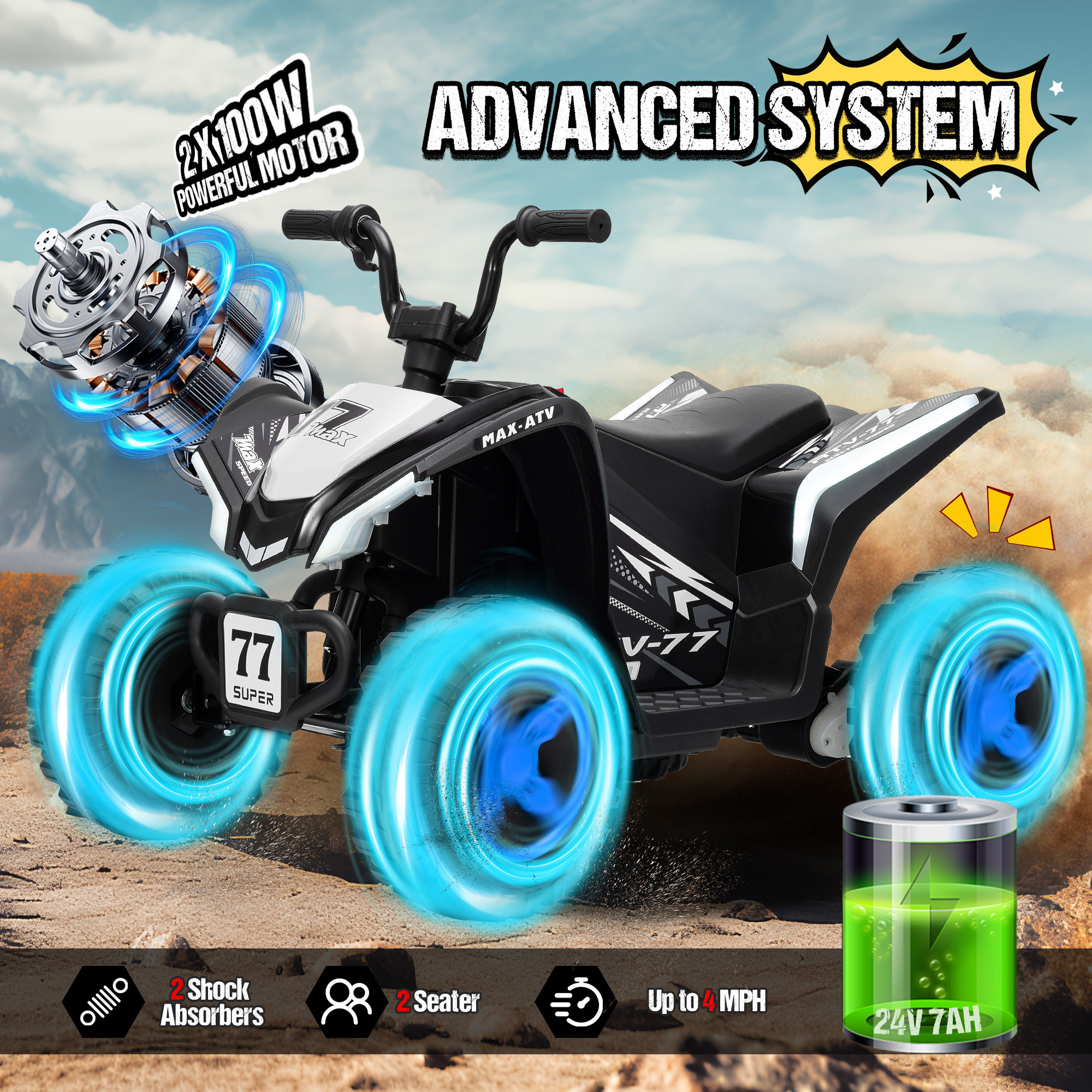Kids ATV 4 Wheeler, Two Seater 24V Ride On Toy for Big Kid w/Unique LED Light, Music, Wireless, Story, 24 Volt Ride on Car Electric Quad for Boys Girls, White