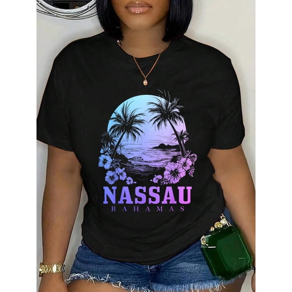 Nassau Bahamas Hibiscus Flowers Beach Surfer Souvenir T-Shirt Graphic Tee summer Tops For Women Round Neck Fashion Cotton shirts