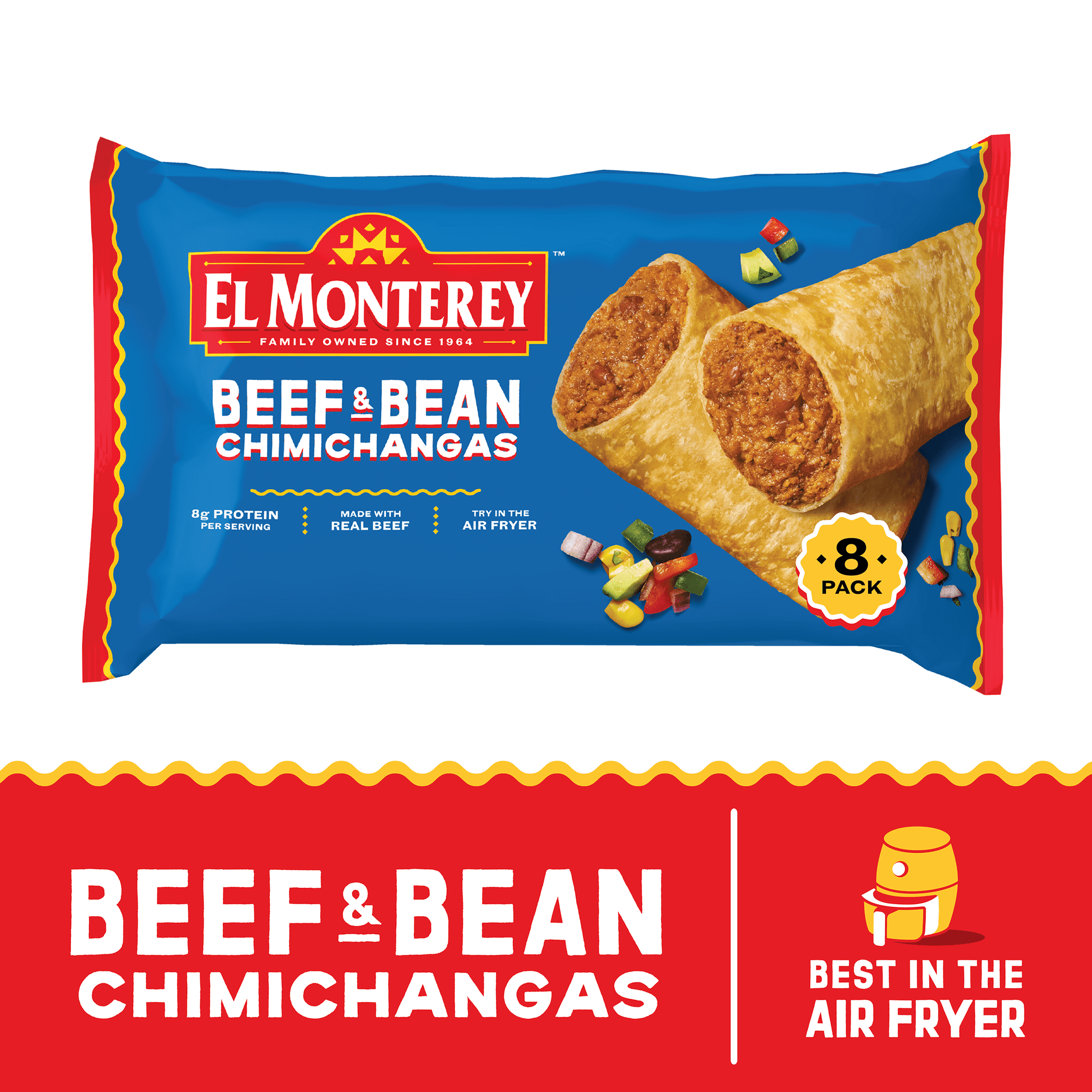 El Monterey Beef & Bean Chimichangas, 30.4 oz, 8 Count (Frozen)