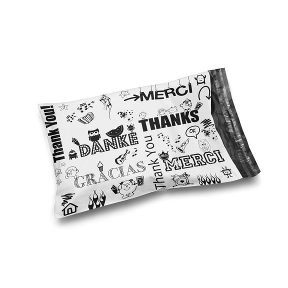 Shop4Mailers 100 10 x 13 Glossy Thank You Multi Language Poly Bag Mailer Envelopes 2 Mil 100 Pack Black and White