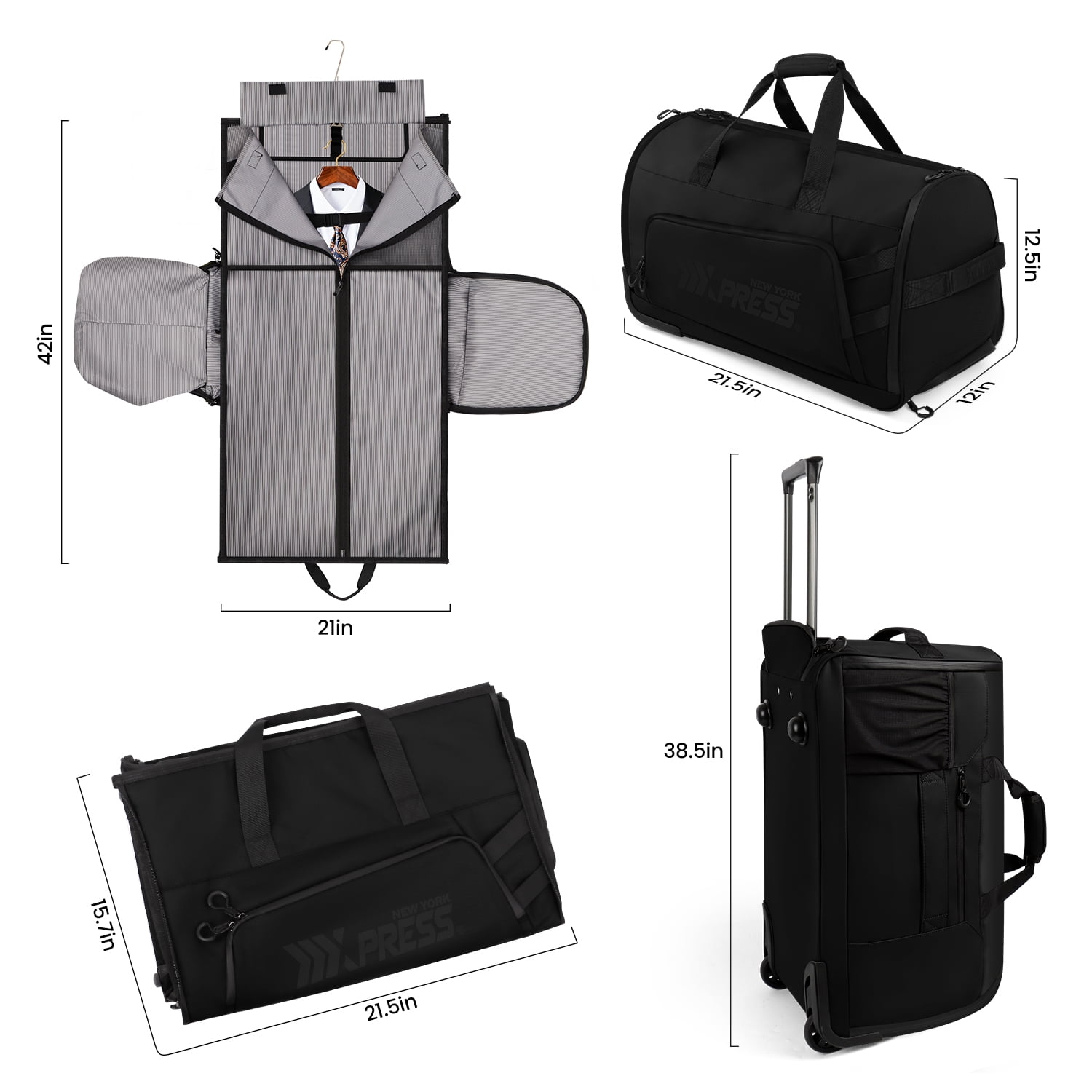New York Xpress Convertible Rolling Garment Bag for Travel, with Wheels & Shoe Pouch, for Weekend & Business, Black, RG161