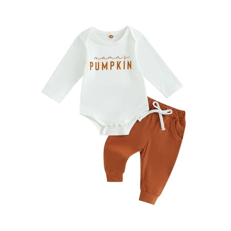 

GXFC Baby Boys Fall Outfits Clothes 6M 9M 12M 18M 24M Infant Boys Long Sleeve Letter Print Romper and Drawstring Pants 2Piece Casual Autumn Clothing for Newborn Boys