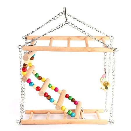 Pet Hanging Ladder Wooden Suspension Bridge Steps Stairs Climbing Swing Double-Layer Toys For Bird Parakeet Hamster Budgie Cockatiel Parrot Hammock Cage Toy