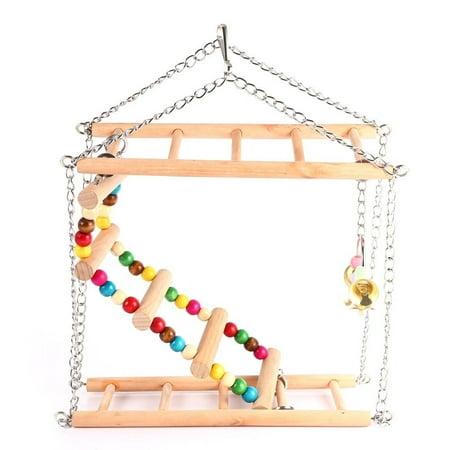 Pet Hanging Ladder Wooden Suspension Bridge Steps Stairs Climbing Swing Double-Layer Toys For Bird Parakeet Hamster Budgie Cockatiel Parrot Hammock Cage