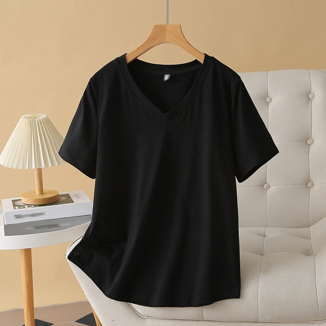 Fiudx Ofertas Del Día Camiseta Holgada de Color Sólido de Talla Grande de Verano para Mujer, Blusas de Manga Corta con Cuello En V