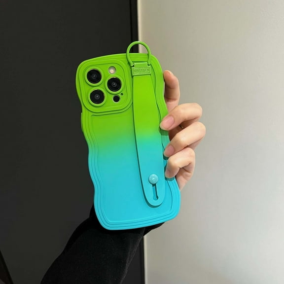 for iPhone 16 Plus Case with Adjustable Wrist Strap Stand, Cute Wavy Curly Gradient Color Soft Silicone Bumper Shockproof Aesthetic Phone Case for Women Men for iPhone 16 Plus, Green Blue